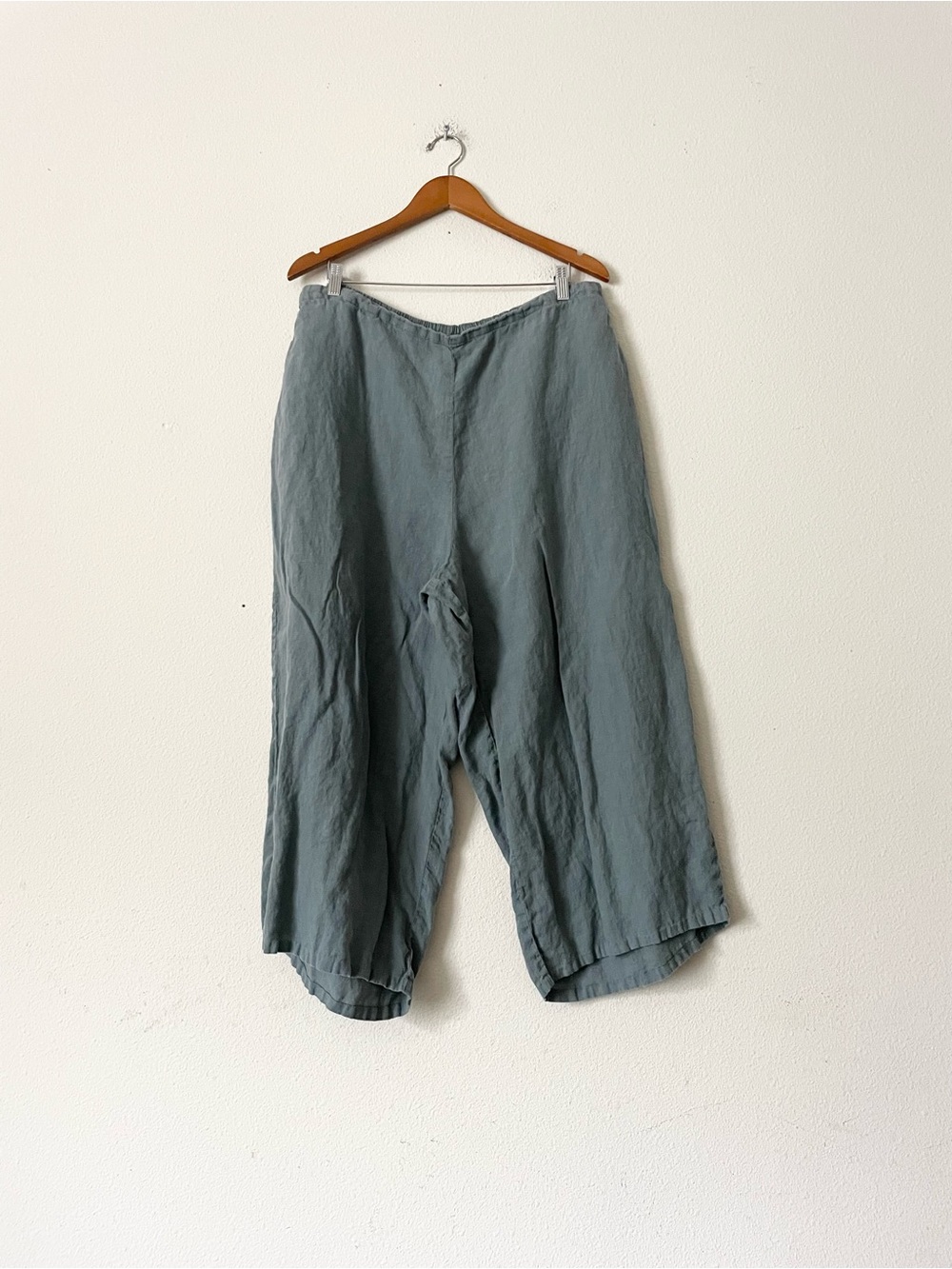 Flax SIZE 1G 100% linen pocketed wide leg cropped pants in light green